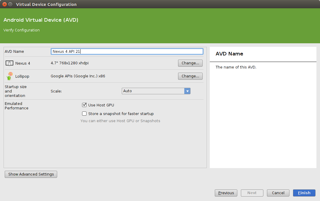 Settings for a new AVD