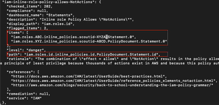 The “items” and “path” strings are highlighted in this code screenshot from White Oak Security - e.g., “iam-inline-role-policy-allows-NotActions”