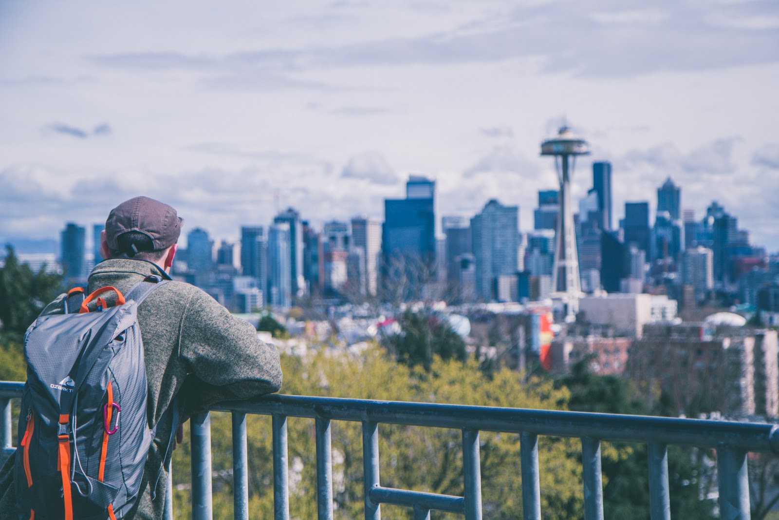 hiker viewing the Seattle skyline. 