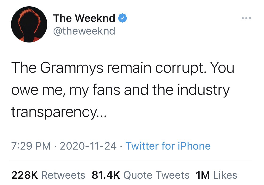 6ixBuzzTV on Twitter: "The Weeknd calls Grammy Awards corrupt after getting  left out of nominations… "