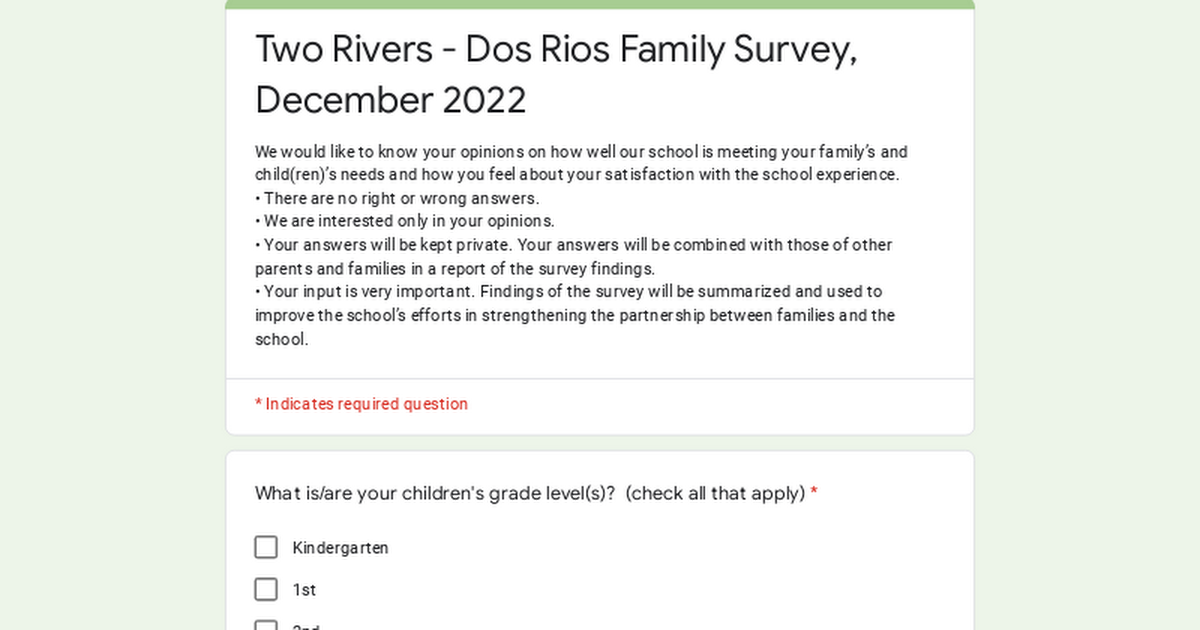 Two Rivers - Dos Rios Family Survey, December 2022