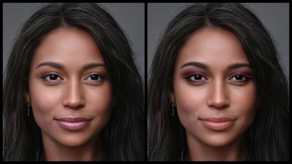 Antes e depois da foto de uma mulher negra onde uma das fotos está com a maquiagem Eve do AirBrush