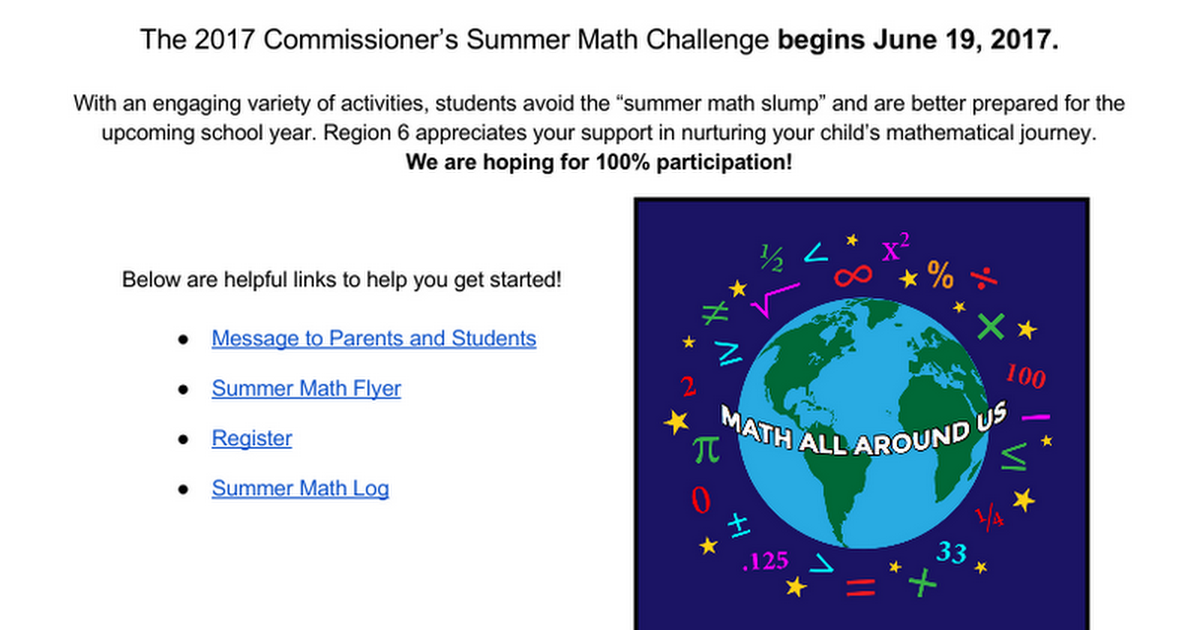 2017  Commissioner’s Summer Math Challenge: