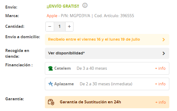 datos de envio producto