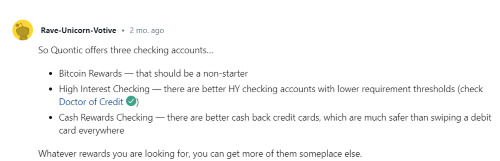 A user on Reddit shares their personal Quontic bank review about each checking account option. 