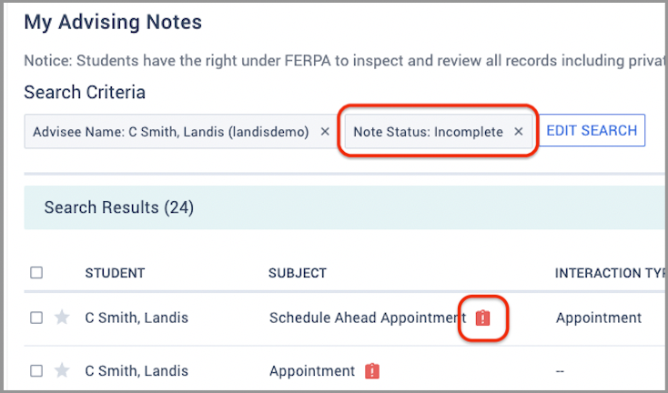 Red clipboard icons visually flag incomplete notes, which you can search for by "Note Status: Incomplete"