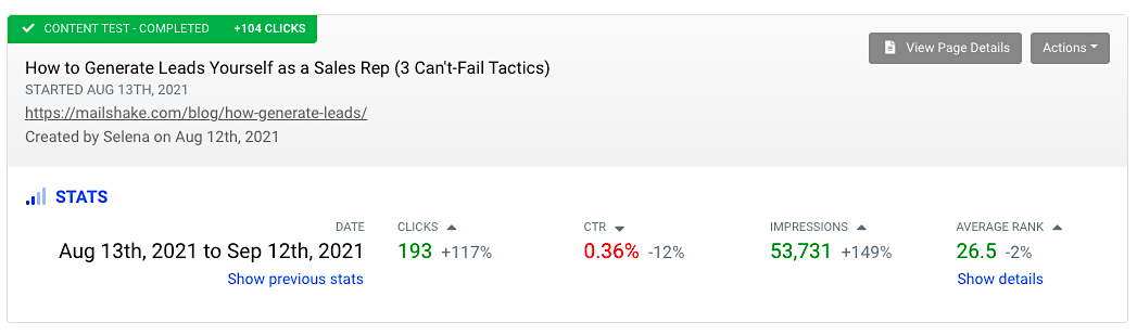 report showing an 117% increase in clicks and 149% increase in impressions