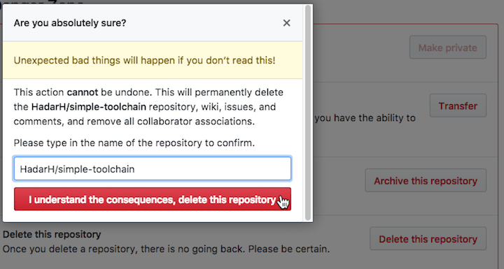 Delete GitHub repo confirmation