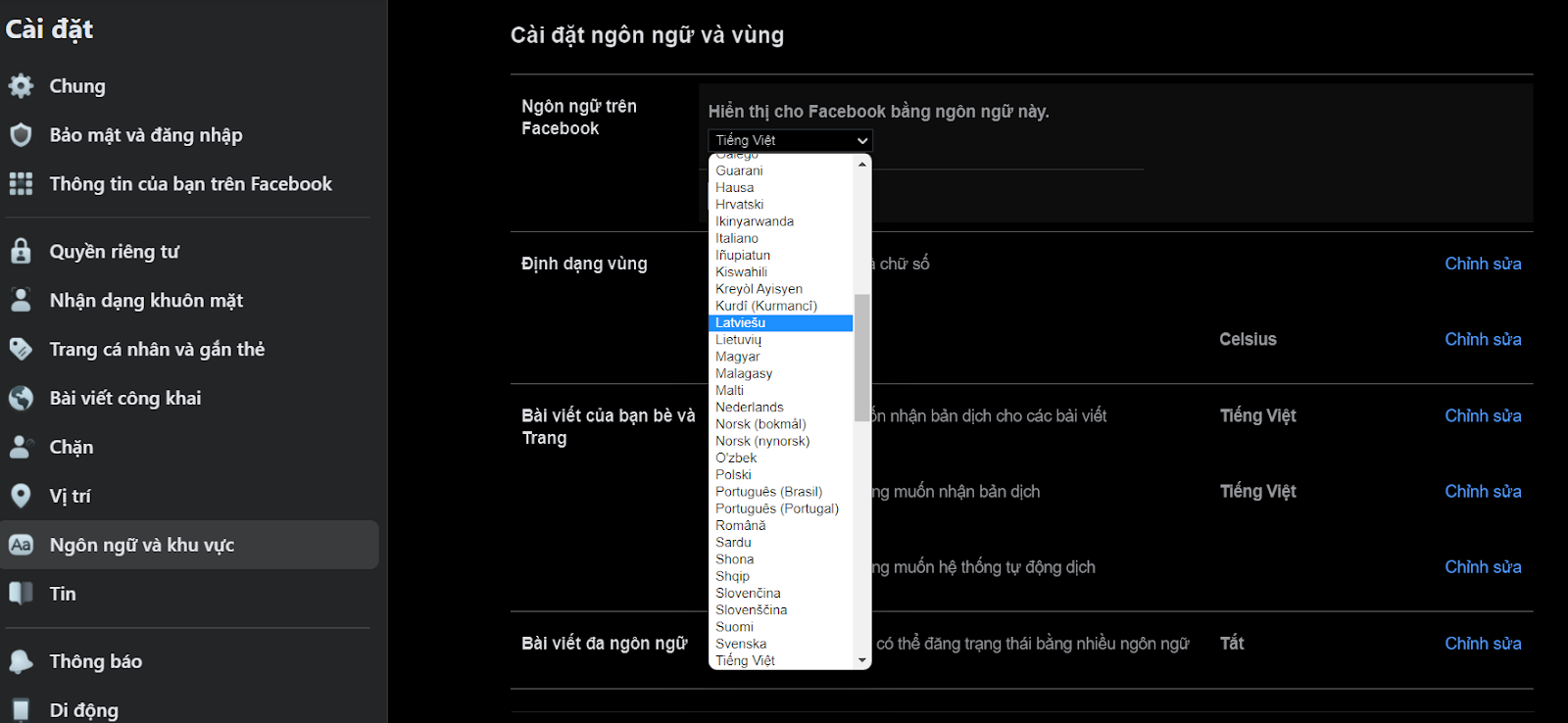 Cài đặt ngôn ngữ trên Facebook
