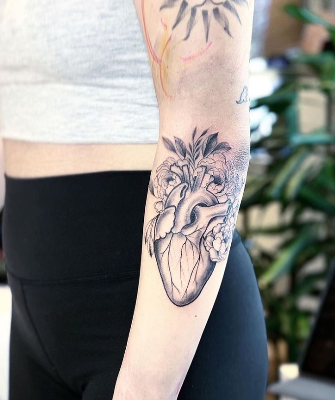 Flowers With Anatomical Heart Tattoos