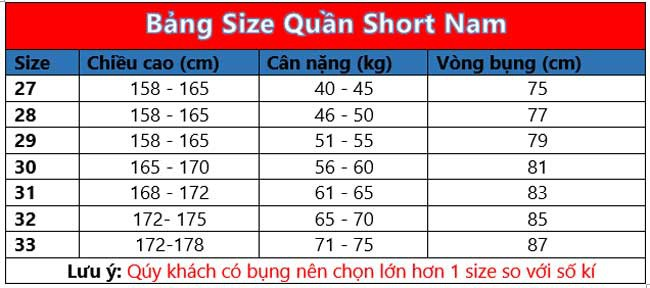 Bảng size quần short jean nam phổ biến hiện nay