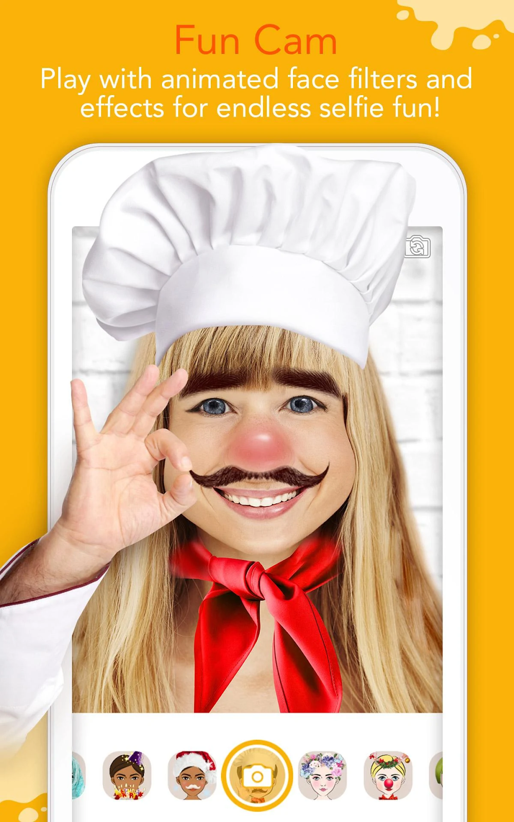 A young girl using a chef filter on her camera. 