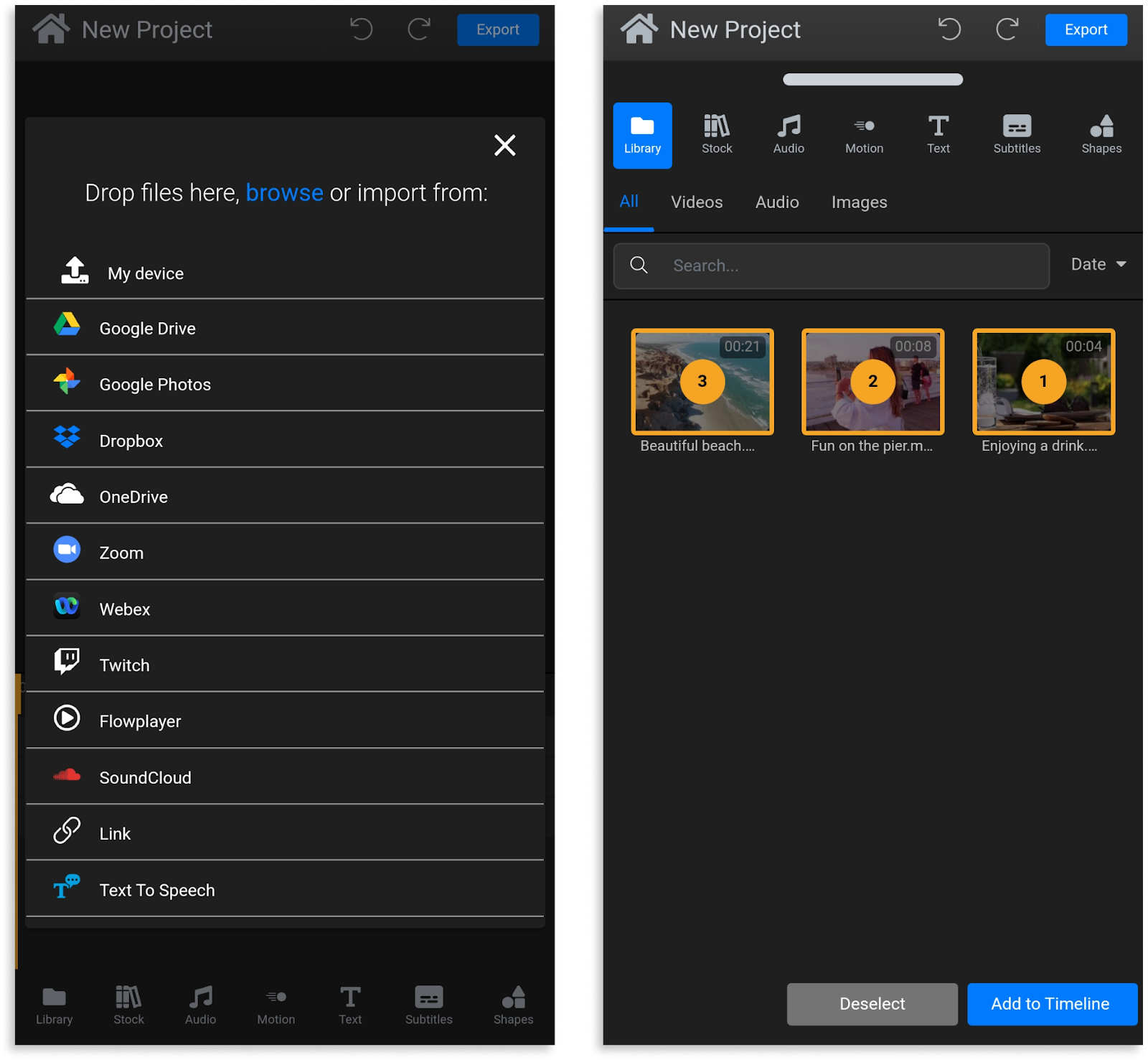 Two screenshots showing the process of uploading videos to Flixier from an Android phone.