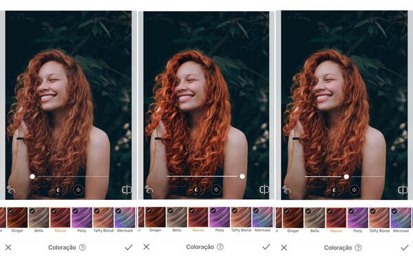 Montagem de fotos de uma mulher ruiva com cabelos encaracolados sendo editada pelo AirBrush