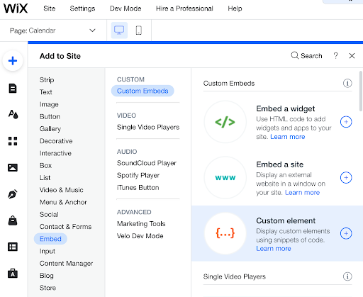 print screen of wix website highlighting where to add a custom element