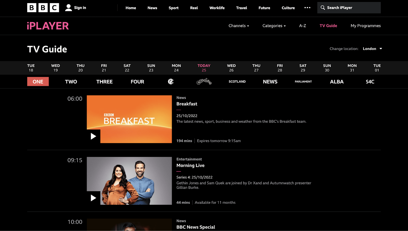 BBC iPlayer webpage