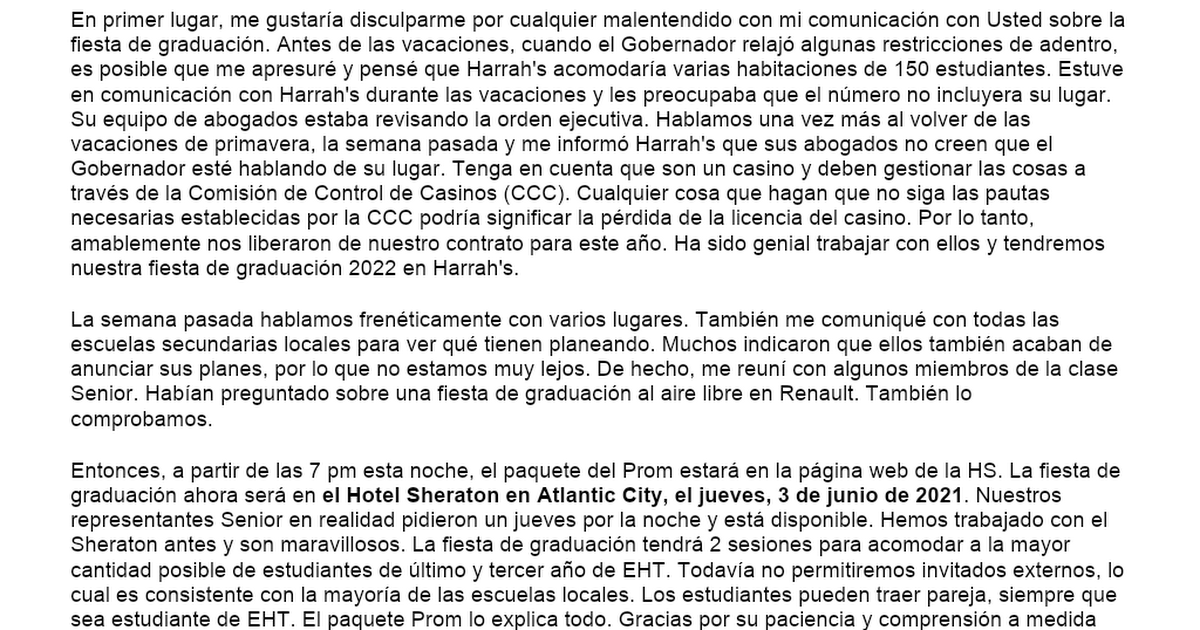 2021 Prom Letter to Parents - Spanish.doc