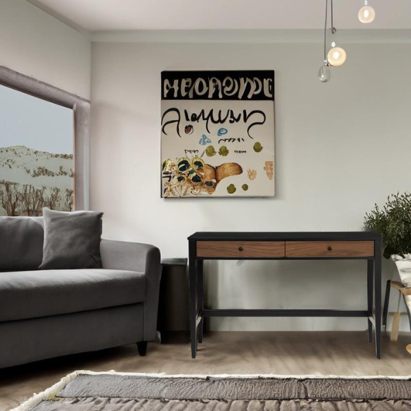 Black study table with 2 drawers in light brown hues and sturdy metal legs
