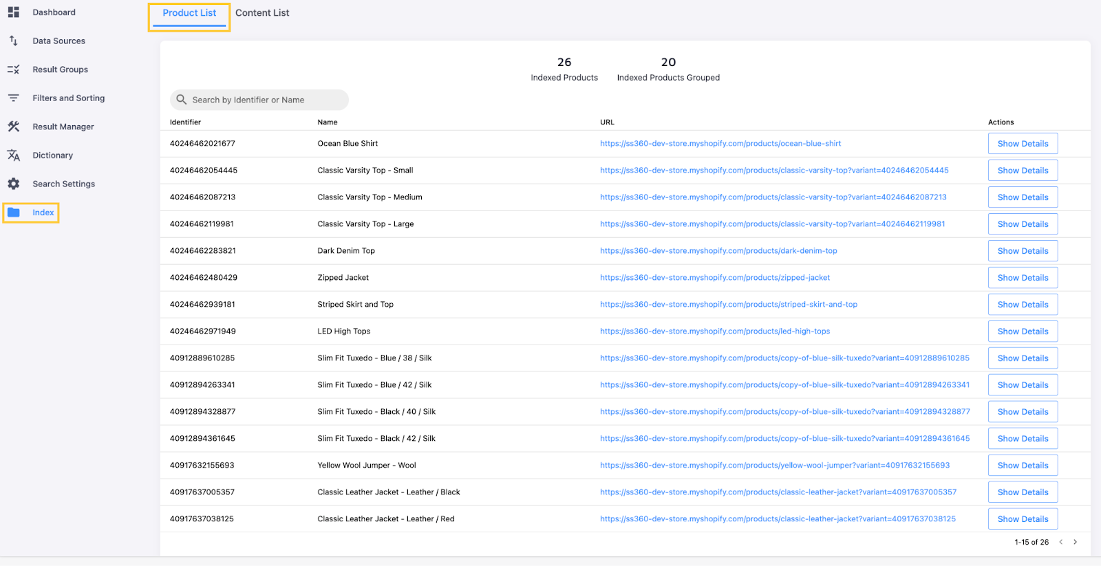 Product List tab in the Index section