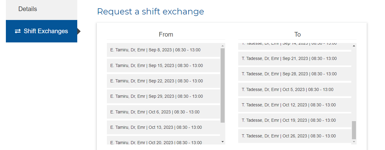 Shift Exchanges section of the Team2Book consumer dashboard