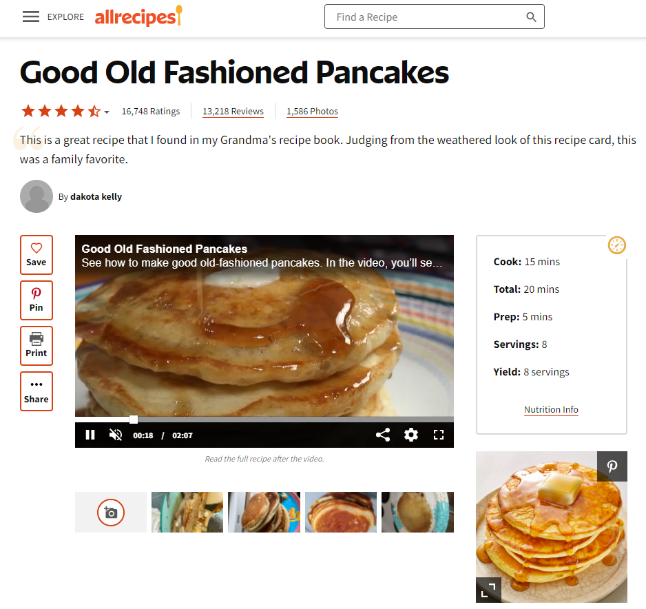 "Good Old Fashioned Pancakes" posted by Dakota Kelly on allrecipes