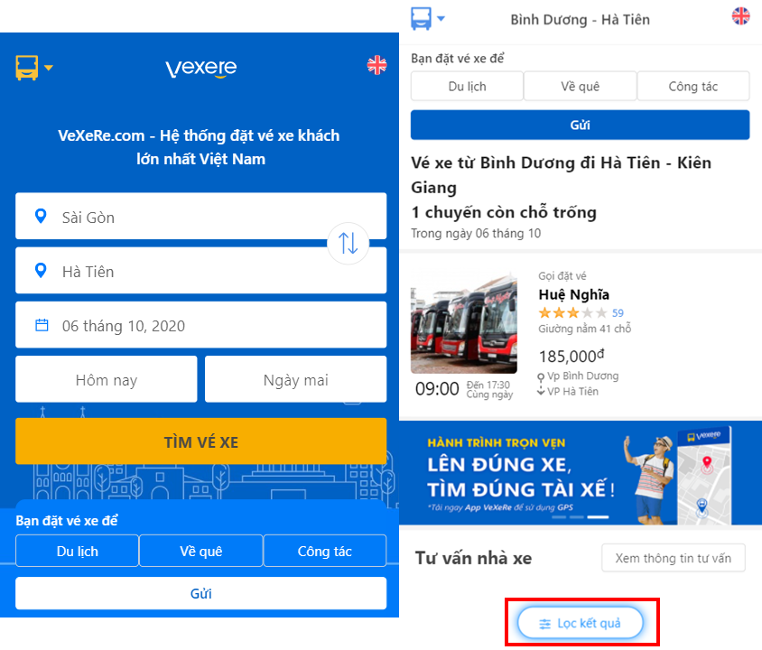 Tìm kiếm thông tin nhà xe Huệ Nghĩa bằng bộ lọc