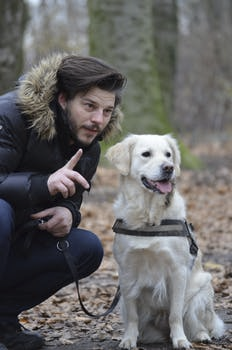 A picture of a person crouching down next to a golden retriever type dog, the dog is alert and looking in front of them behind the camera whilst he holds a finger as if to ask the dog to wait to stop it from barking