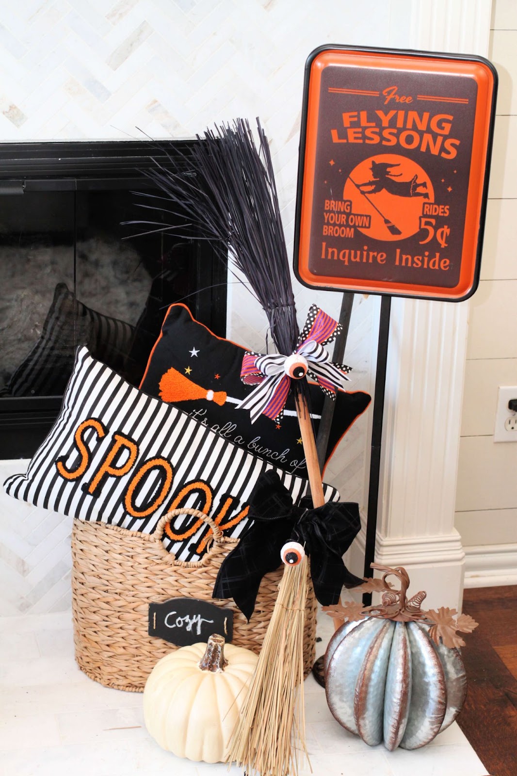 Basket for Fireplace with Halloween accents