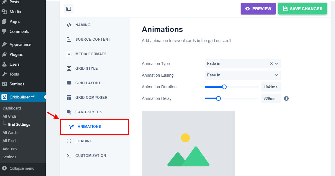 animações do gridbbuilder