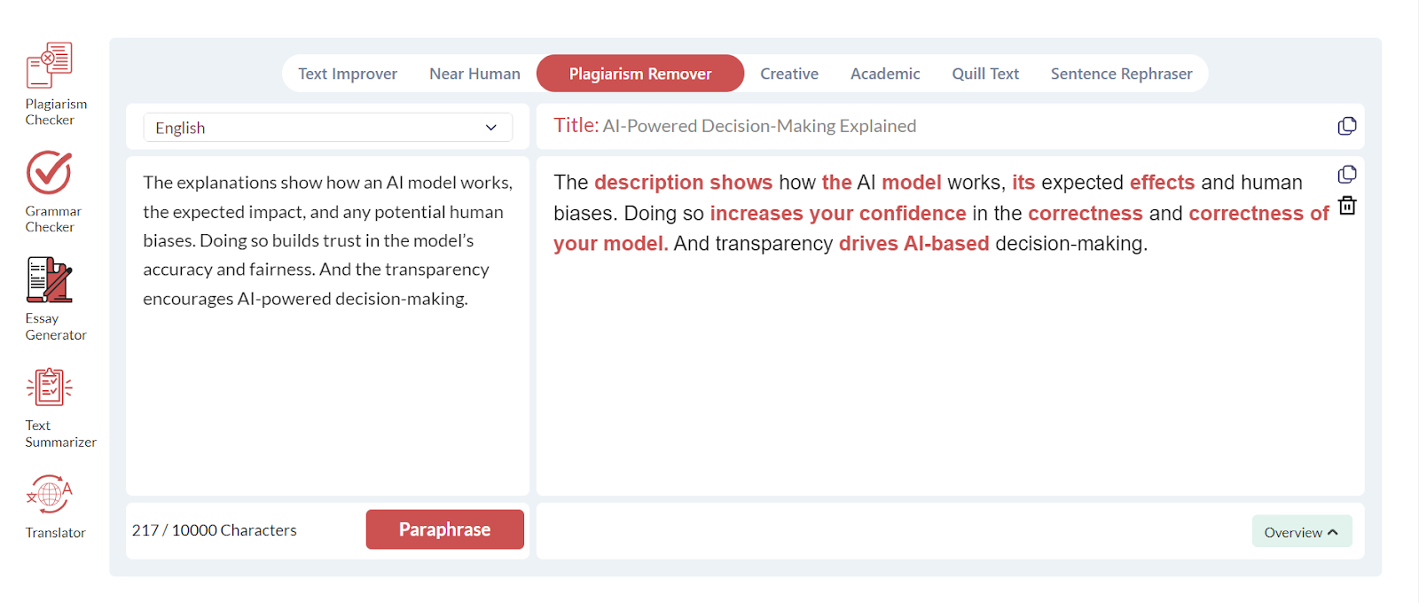 Removing Plagiarism in ai tool