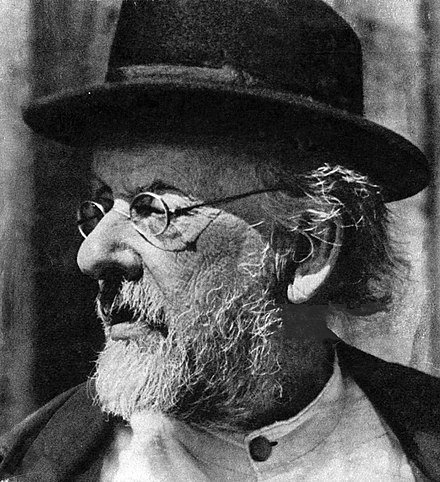 Black and white picture of Tsiolkovsky, man with black bowler hat, small round glasses, and scraggly beard