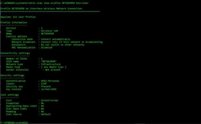 command prompt netsh wlan show profile wifi name keyclear