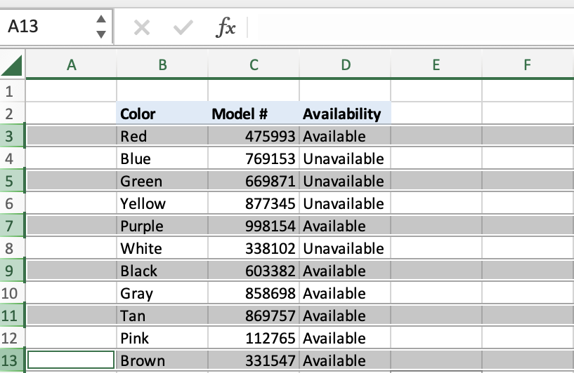 Table with colors, model numbers, and availability