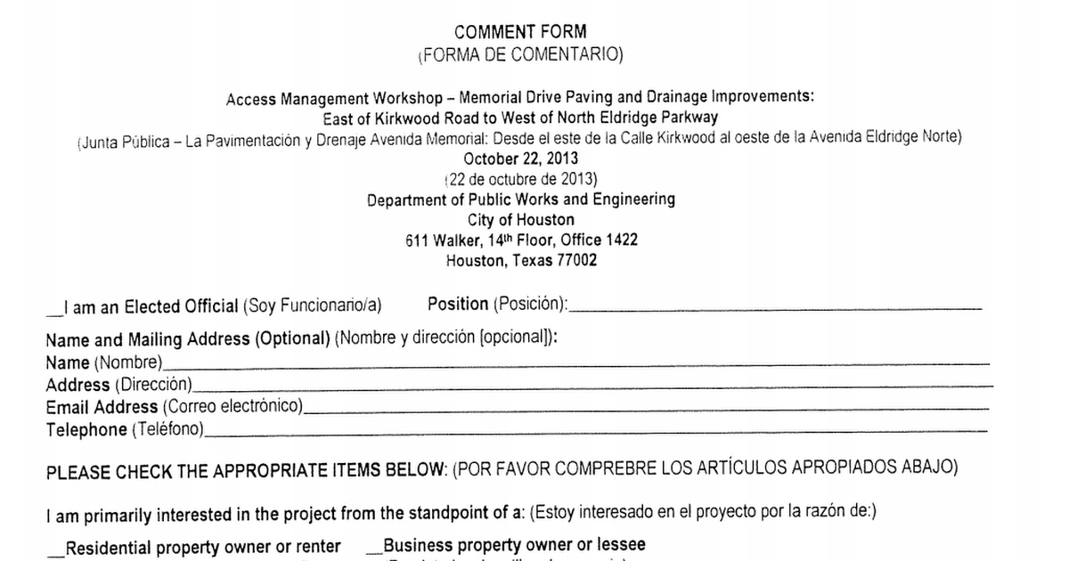 Memorial Drive Comment Form Pdf Google Drive