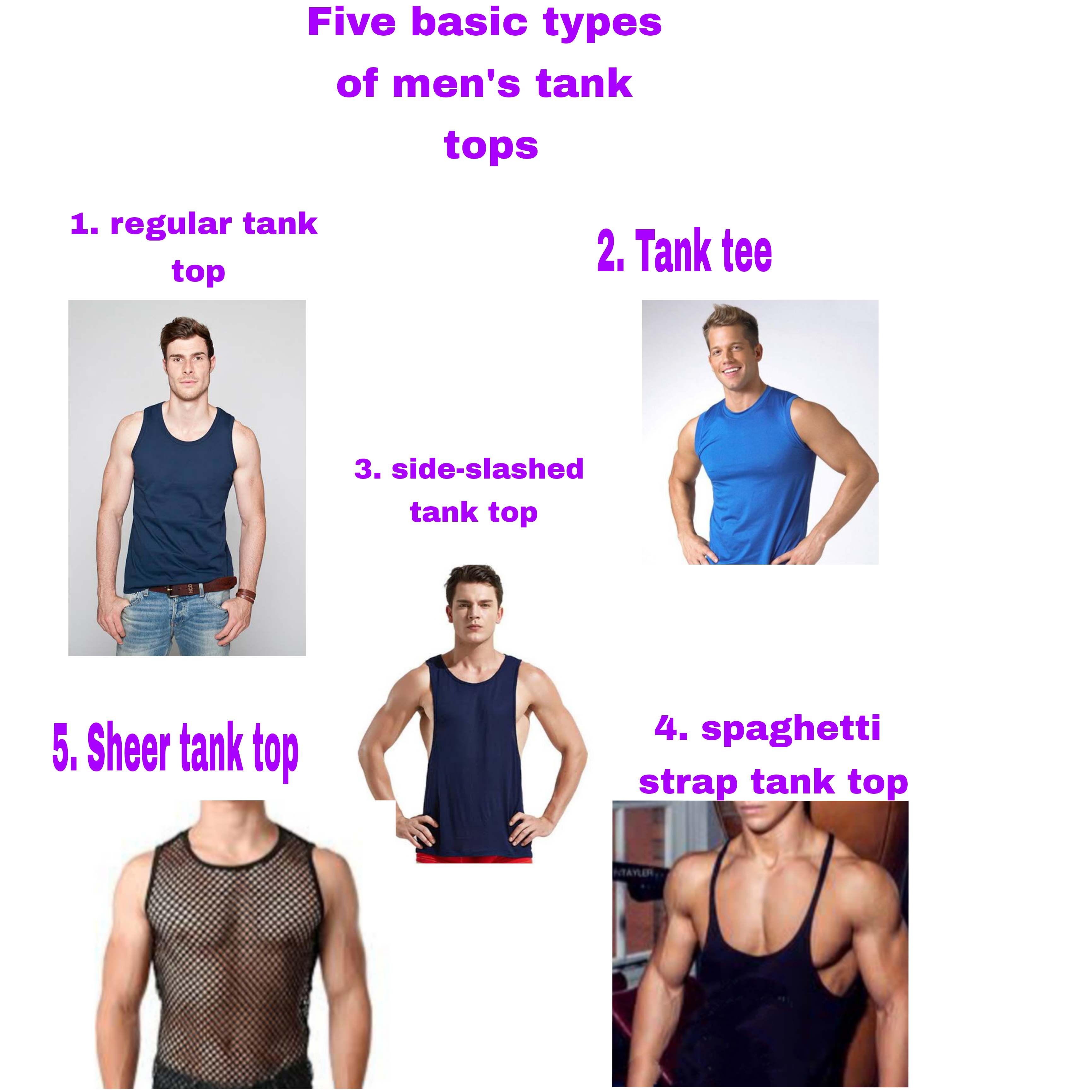 Types of tank tops for men, types of sleeveless shirts for men. 