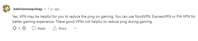 Reddit comments about the best VPN for gaming