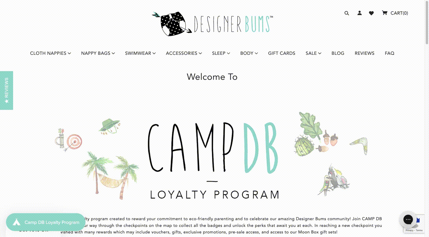 How to name your loyalty program–A screen recording from Designer Bums’ rewards program explainer page. The page shows a cartoon map with drawings and images of popular camping icons like caravans, canoes, and tents. The rewards panel is then launched on the left side of the page showing how to earn points, redeem them, the referral program, and their VIP tiers. 