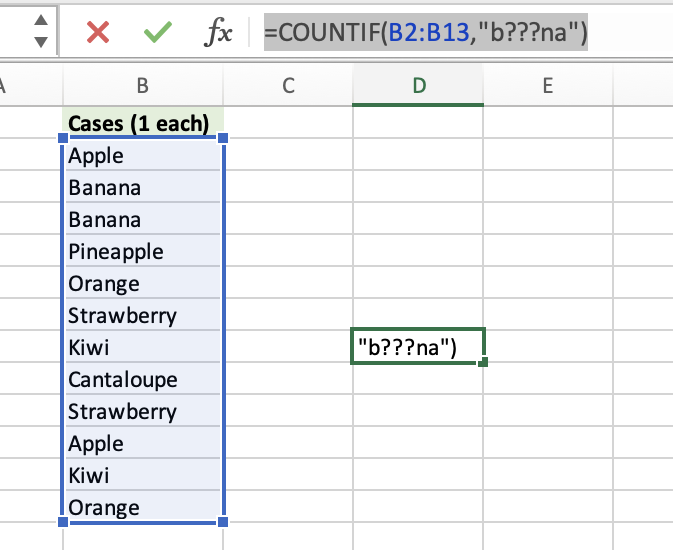 Table displayed next to a formula that shows how to count cells that contain specific text