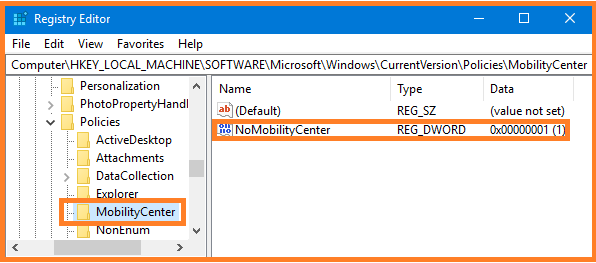 Disable Windows Mobility Center by Using the Registry Editor.