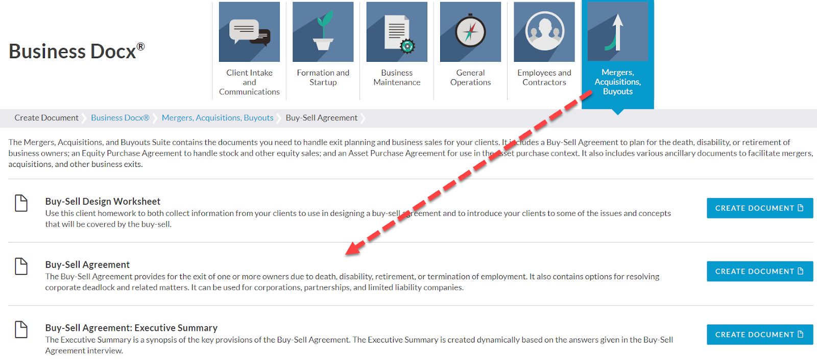 Above is a screenshot of WealthCounsel’s Business Docx® drafting system, which includes a Buy-Sell Agreement option under the Mergers, Acquisitions, and Buyouts Suite.