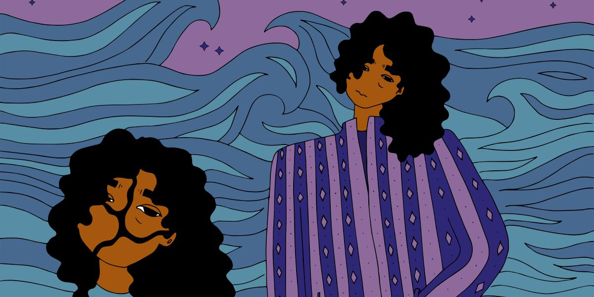 Drawing of a person with brown skin and curly black hair, wearing a purple striped suit. They look troubled with their brow furrowed and a frown. There are blue waves behind them and a lavender sky with twinkling stars. On the right is the person visible down to their torso, and on the left is a close-up of their head, with their face split into four sections. They look tired. 