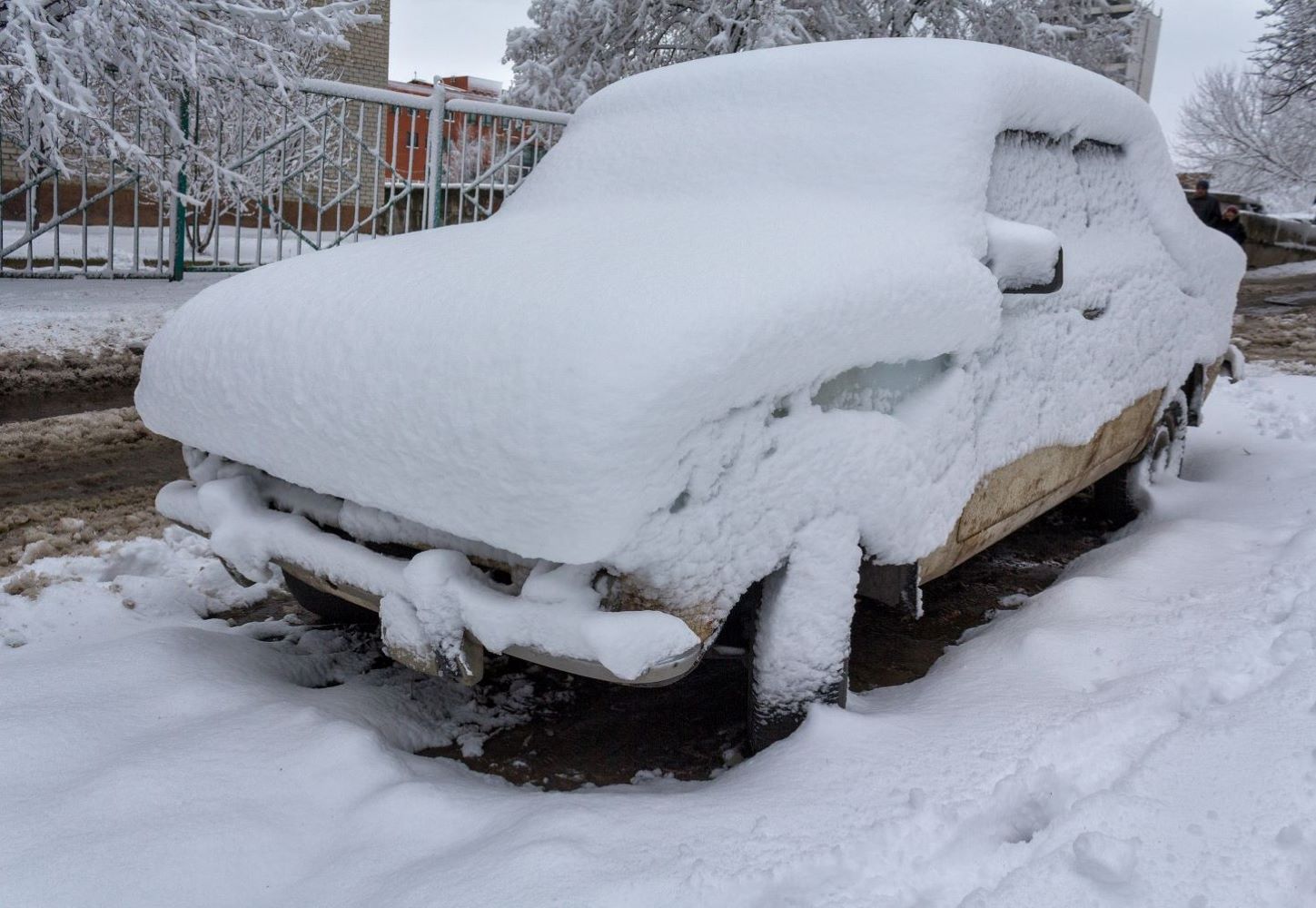 Car covered with snow on street