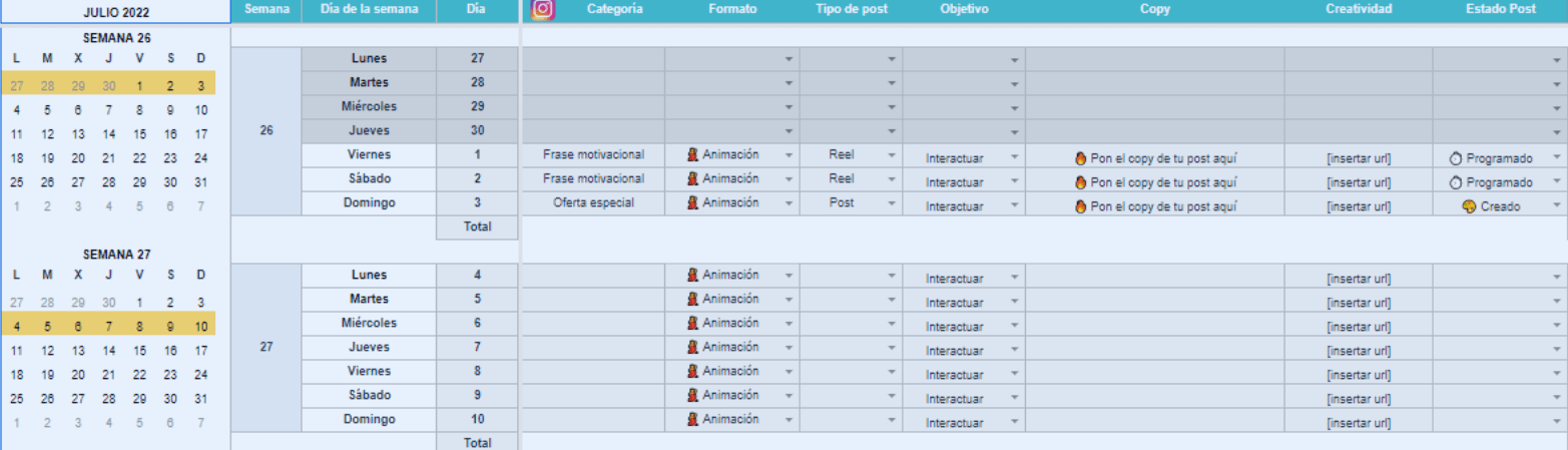 Plan editorial de la plantilla para planificar contenido en Instagram en menos de una hora