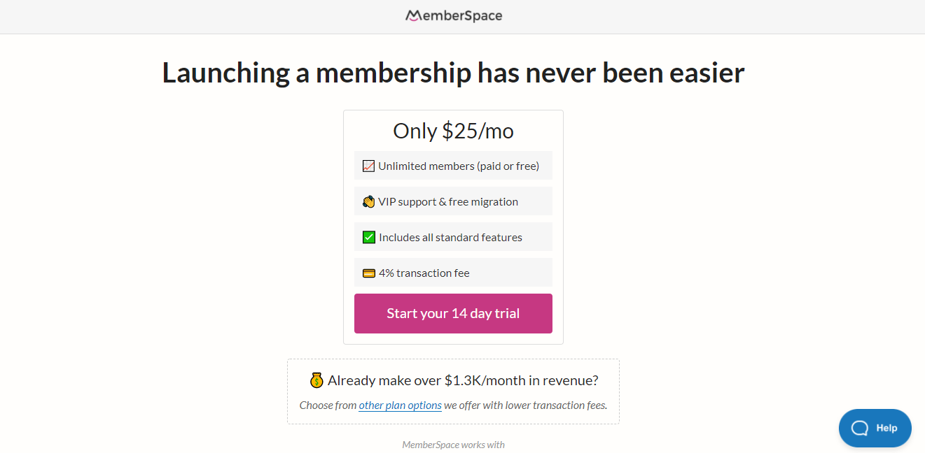 MemberSpace Monthly Price Page