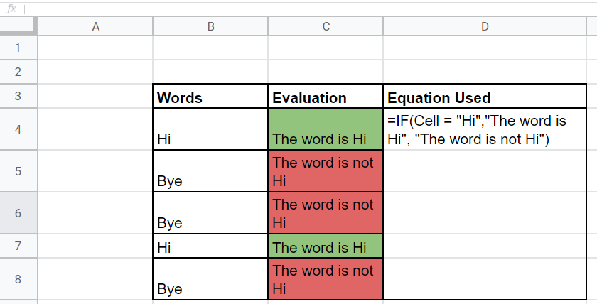 If statements used again in Google Sheets to see if a word matches the criteria / criterion or not