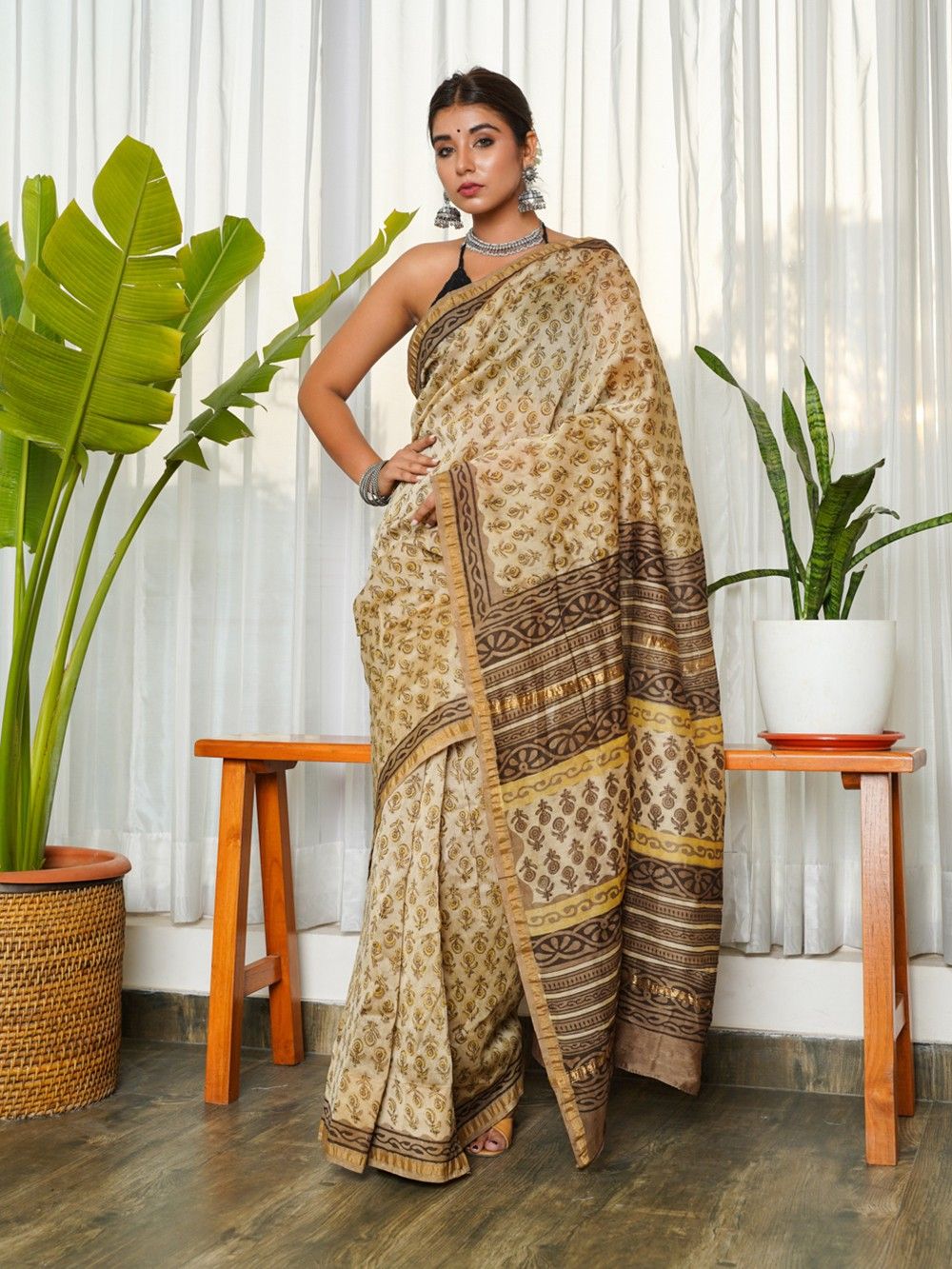 the loom - Brown Ajrakh Hand Block Printed Chanderi Saree
