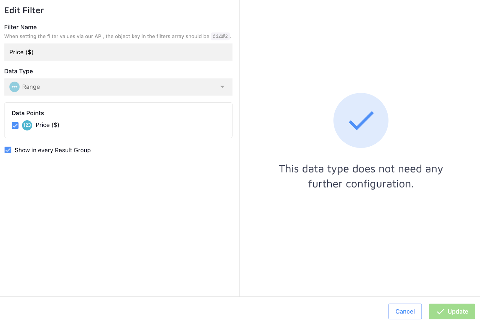 Price filter configuration