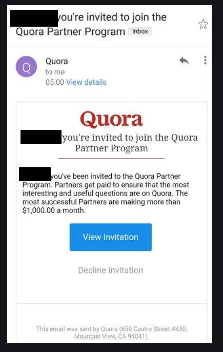 Quora Partner Program Invitation