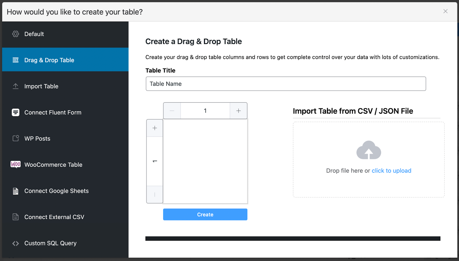 drag and drop table builder plugin