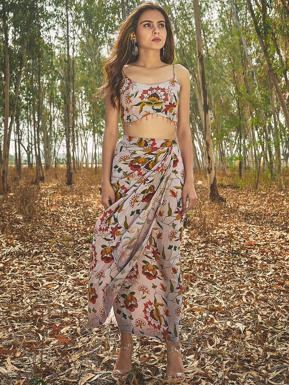 the loom-Grey Printed Crepe Crop Top with Skirt